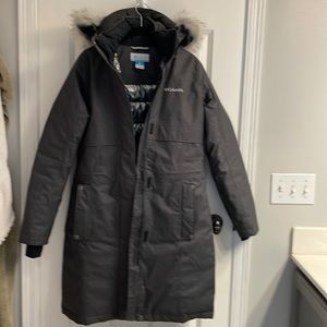 Like new Columbia, long down, hooded jacket